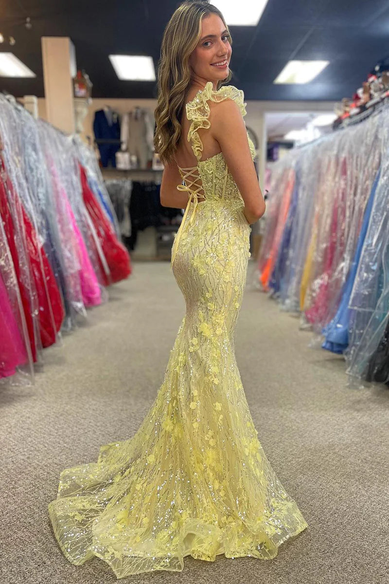 Yellow Floral Lace Sweetheart Mermaid Long Prom Dress