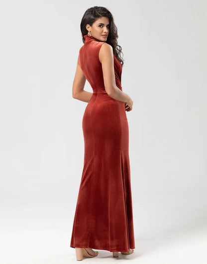 Bridesmaid Dress Mermaid High Neck Terracotta Velvet Long