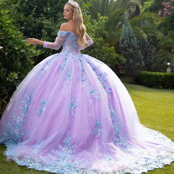 Luxury Off the Shoulder Appliques 3/4 Sleeve Ball Gown Watteau Train Prom Dress