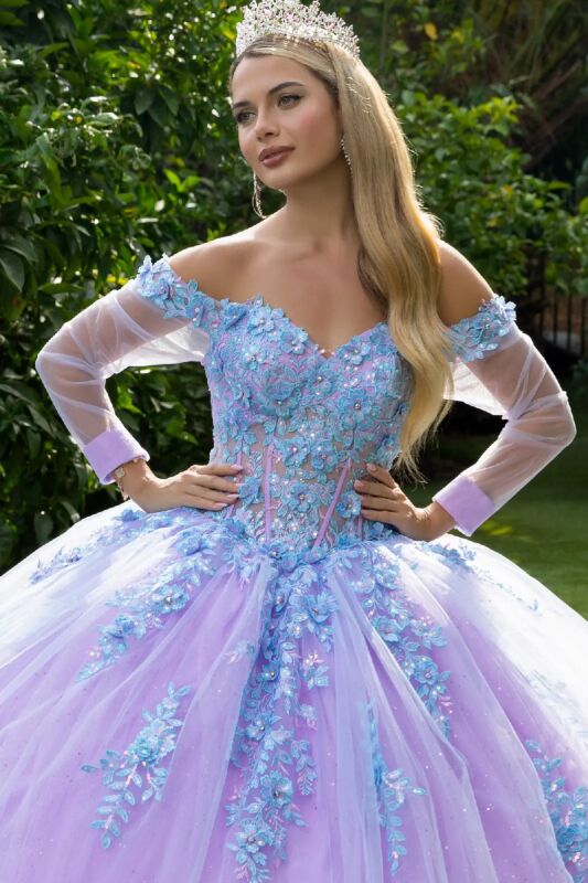 Luxury Off the Shoulder Appliques 3/4 Sleeve Ball Gown Watteau Train Prom Dress