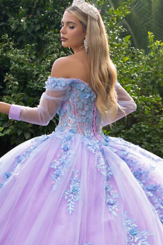 Luxury Off the Shoulder Appliques 3/4 Sleeve Ball Gown Watteau Train Prom Dress