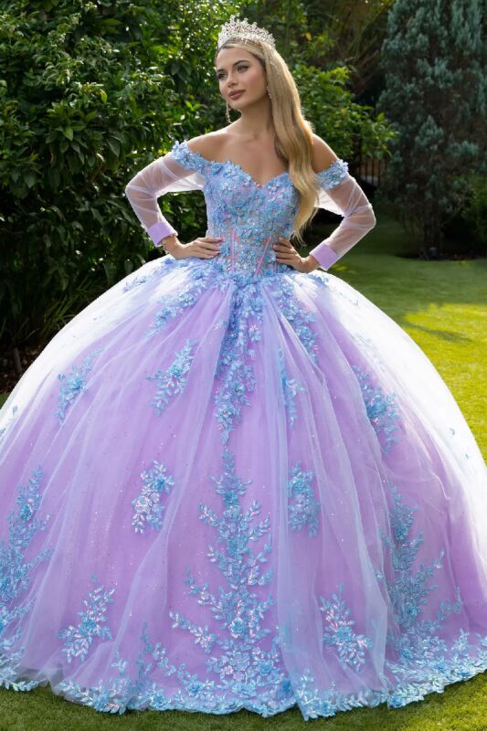 Luxury Off the Shoulder Appliques 3/4 Sleeve Ball Gown Watteau Train Prom Dress