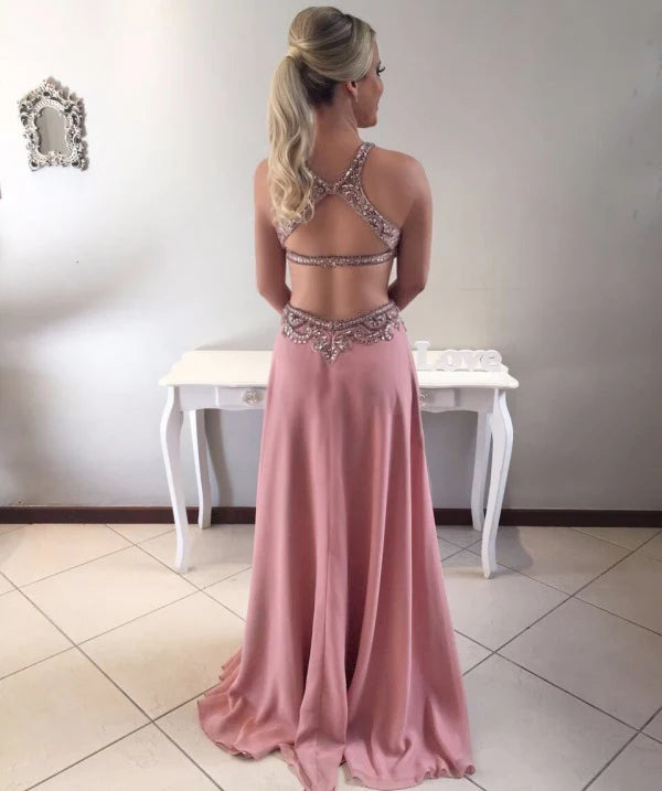 Luxury Dusty Rose Beading Rhinestone Open Back Prom Dresses