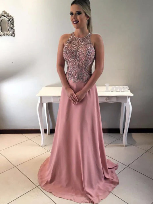 Luxury Dusty Rose Beading Rhinestone Open Back Prom Dresses