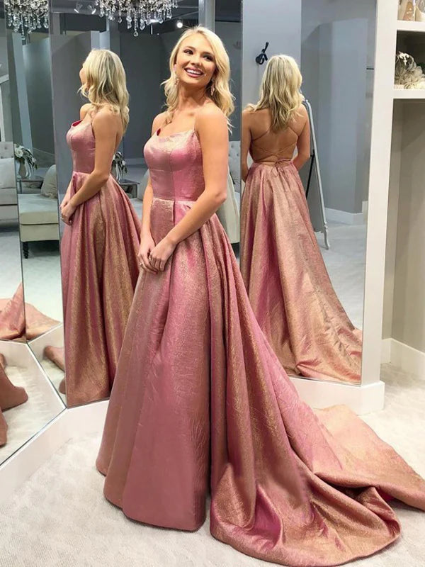 Sexy Dusty Rose Spaghetti Strap Lace Up Back Ball Gown Prom Dresses