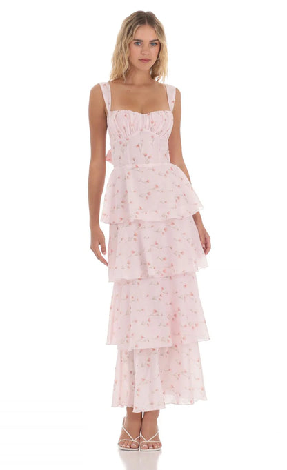 Chic Spaghetti Straps Floral Ruffle Backless Maxi Dress in Pink