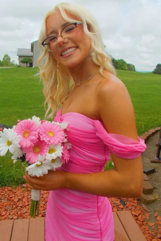 Sexy Pink Off-Shoulder Sweetheart Mermaid Pleats Long Prom Dress