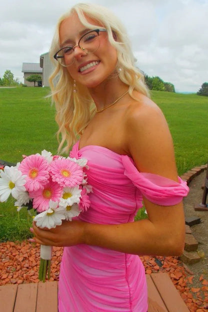 Sexy Pink Off-Shoulder Sweetheart Mermaid Pleats Long Prom Dress