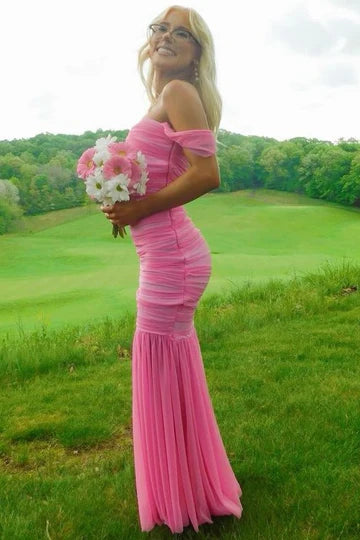 Sexy Pink Off-Shoulder Sweetheart Mermaid Pleats Long Prom Dress