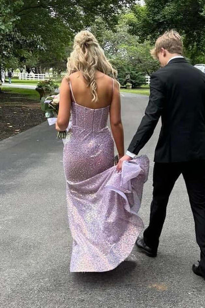 Elegant Lilac Spaghetti Straps V-Neck Sequined Pleats Mermaid Prom Dress