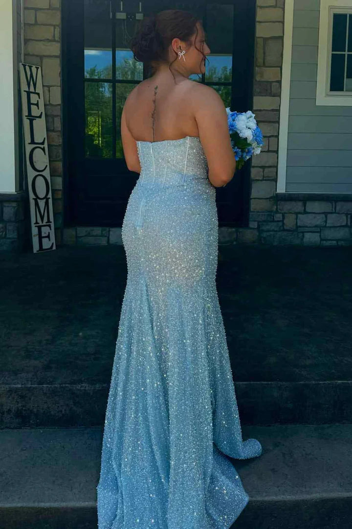 Elegant Blue Strapless Glitter Sweetheart Sleeveless Mermaid Prom Party Dress