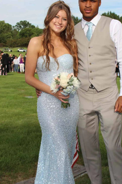 Elegant Blue Strapless Glitter Sweetheart Sleeveless Mermaid Prom Party Dress