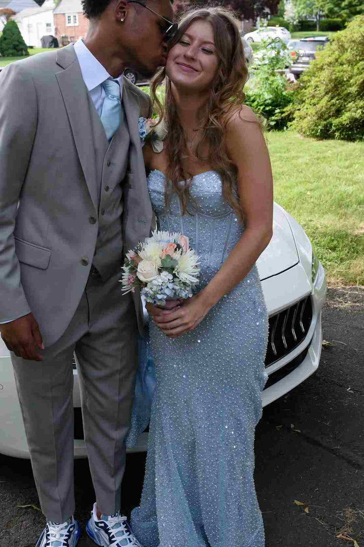Elegant Blue Strapless Glitter Sweetheart Sleeveless Mermaid Prom Party Dress