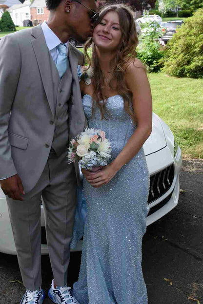 Elegant Blue Strapless Glitter Sweetheart Sleeveless Mermaid Prom Party Dress