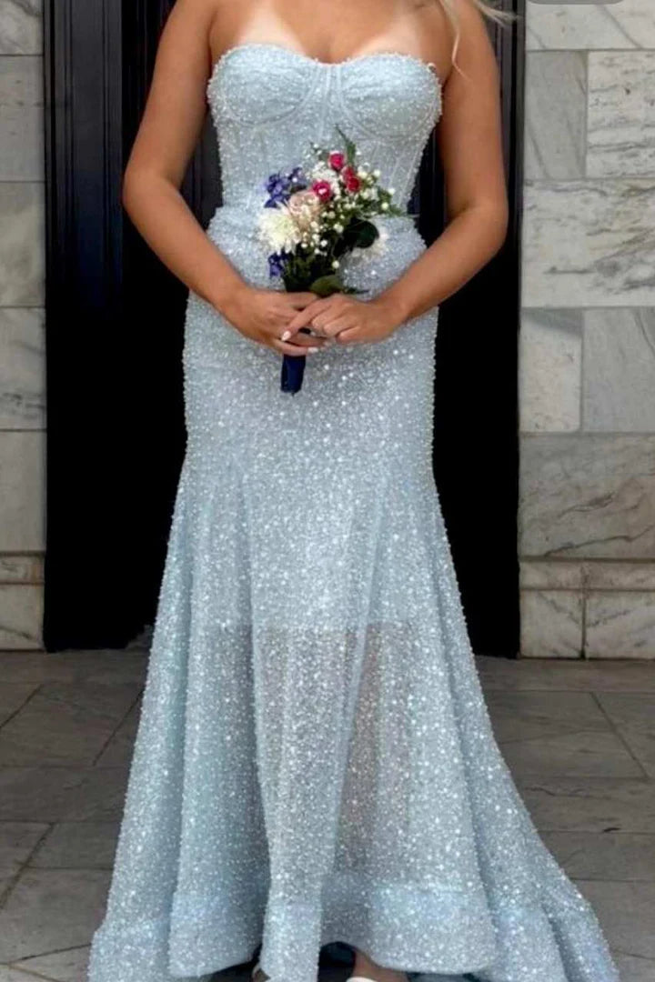 Elegant Blue Strapless Glitter Sweetheart Sleeveless Mermaid Prom Party Dress