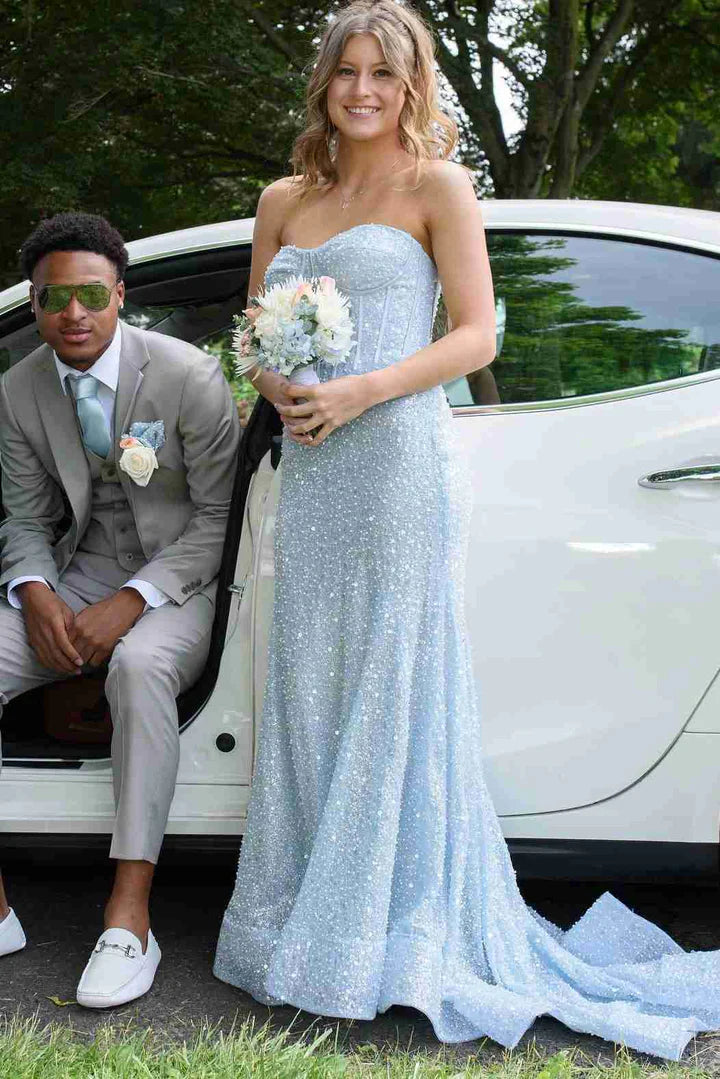 Elegant Blue Strapless Glitter Sweetheart Sleeveless Mermaid Prom Party Dress