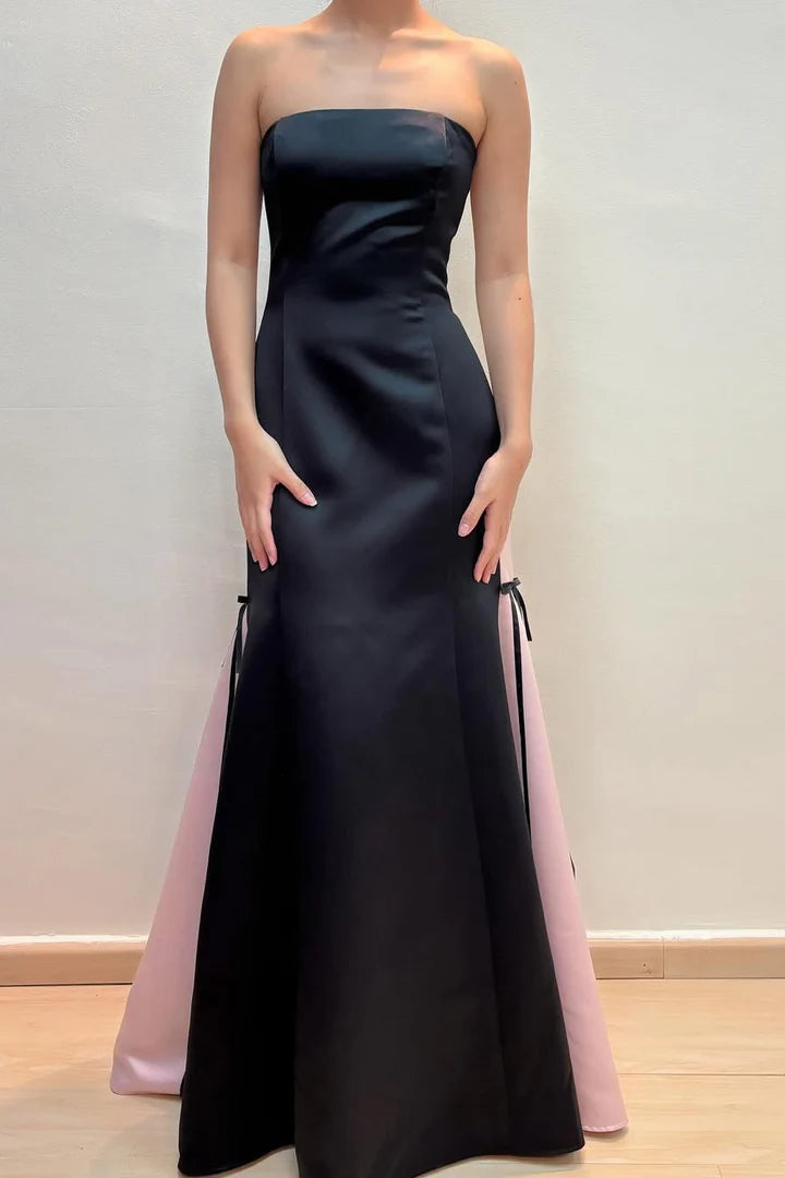 Black Strapless Sleeveless A-Line Scoop Satin Long Prom Formal Dress
