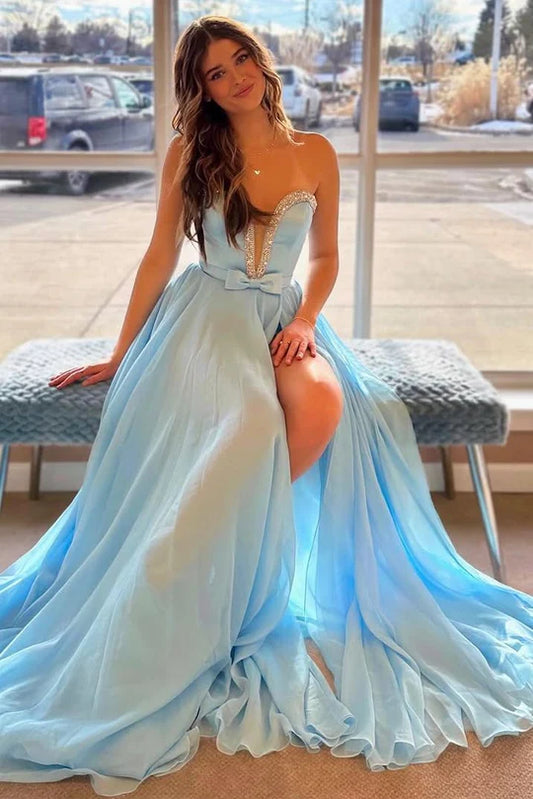 Elegant Blue Strapless A-Line V-Neck Beads Chiffon Empire-Waist Prom Dress with Slit