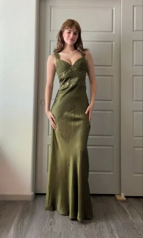 Elegant Olive Green Mermaid Beaded Satin Long Prom Dress