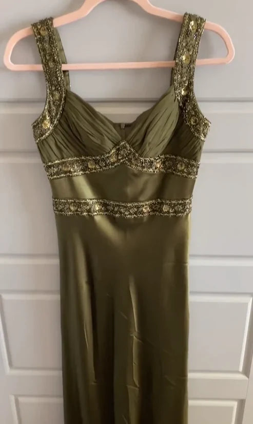 Elegant Olive Green Mermaid Beaded Satin Long Prom Dress