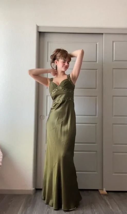 Elegant Olive Green Mermaid Beaded Satin Long Prom Dress