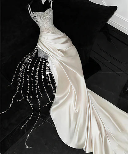 Luxury White Mermaid Beaded Sleeveless Prom Dress