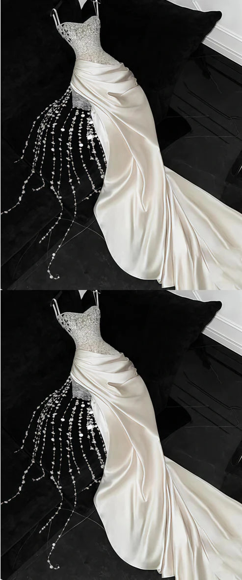 Luxury White Mermaid Beaded Sleeveless Prom Dress
