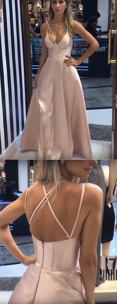 Minimalist Dusty Pink Satin Spaghetti Strap A-line Simple Prom Dresses