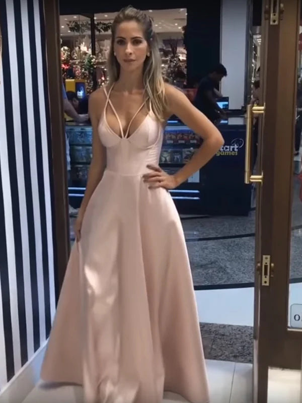 Minimalist Dusty Pink Satin Spaghetti Strap A-line Simple Prom Dresses