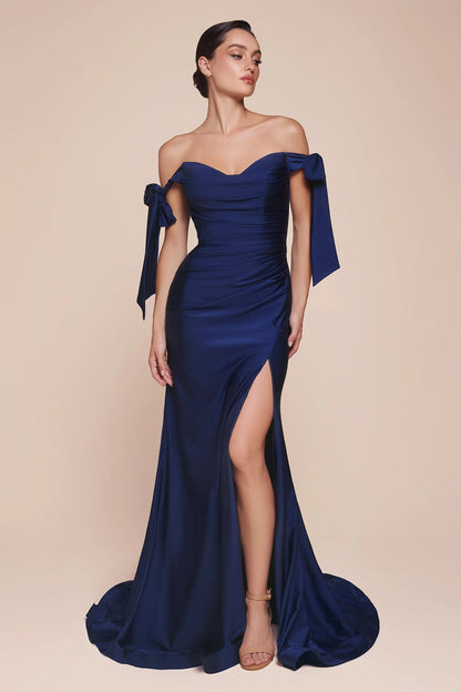 Sexy Fitted Off Shoulder Ruched Backless Gown Brush Train Split Prom Dress