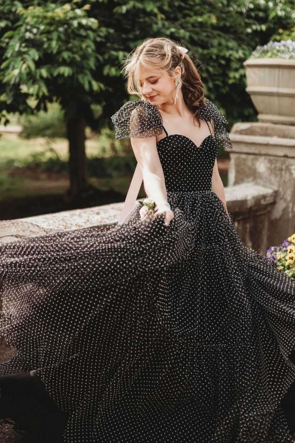 Navy Blue Spaghetti Straps Backless Polka Dots A-line Princess Dress