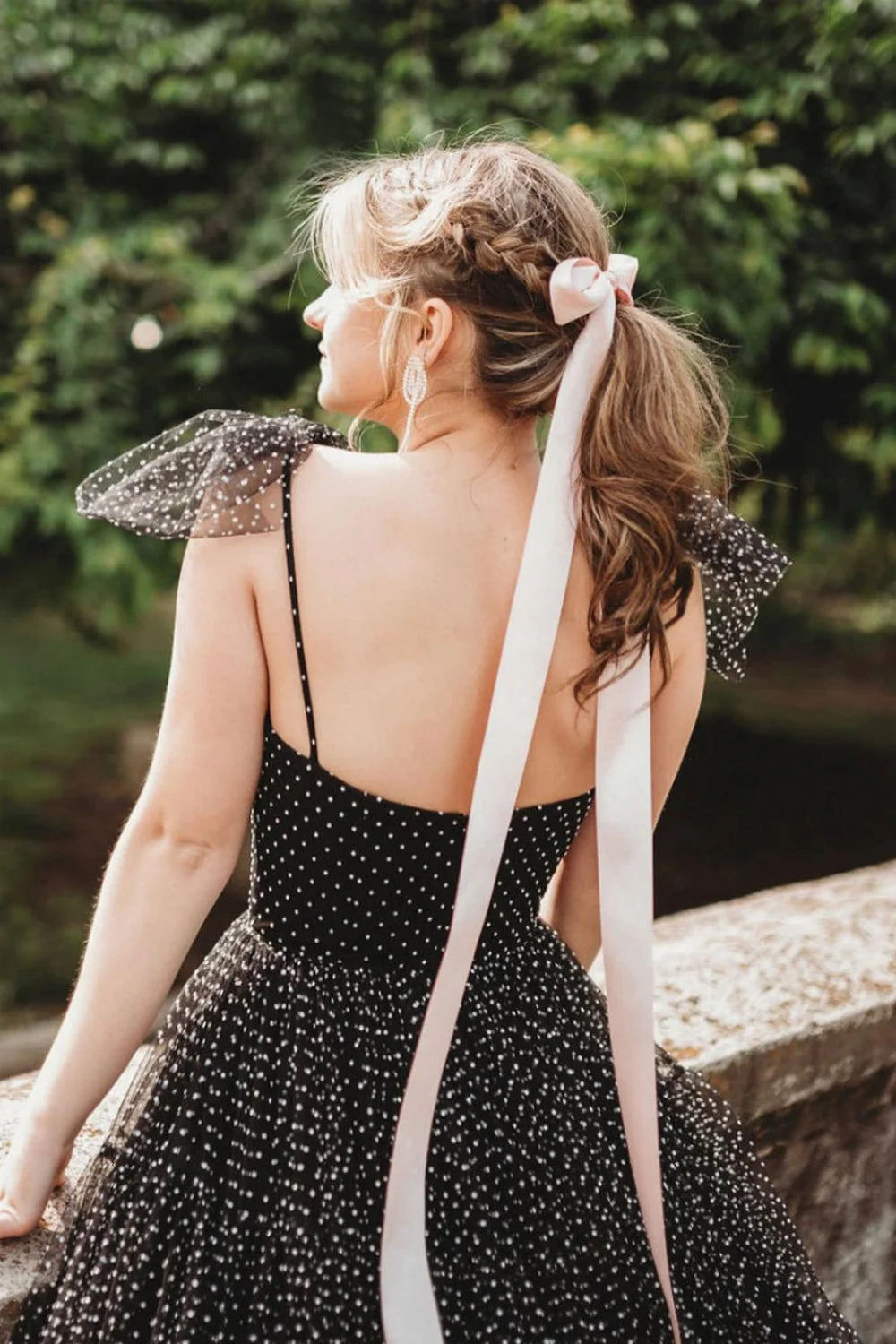 Navy Blue Spaghetti Straps Backless Polka Dots A-line Princess Dress