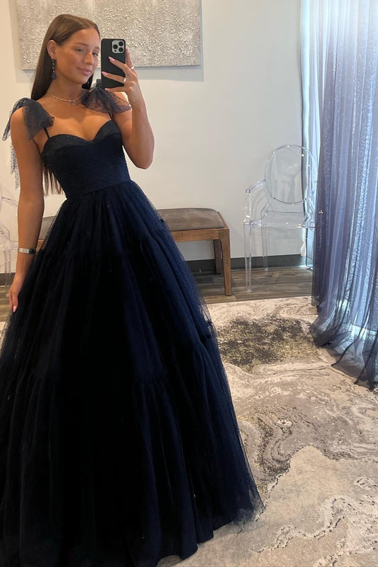 Navy Blue Spaghetti Straps Backless Polka Dots A-line Princess Dress