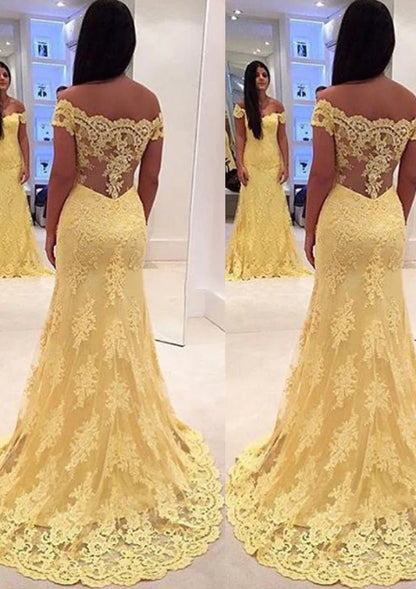 Trumpet Off Shoulder Scalloped Sweetheart Sweep Yellow Lace Prom Dress
