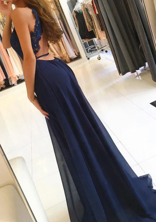 Chiffon Navy Sleeveless A-Line Plunging Scoop Sweep Slit Prom Dress