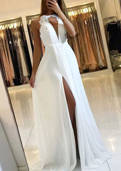 Chiffon Navy Sleeveless A-Line Plunging Scoop Sweep Slit Prom Dress
