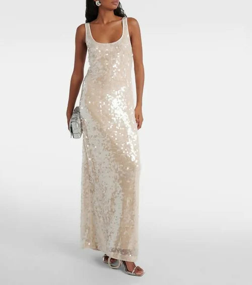 Chic Sequin Tank Champagne Backless Prom Dress