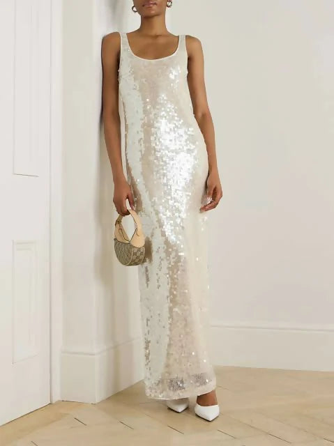 Chic Sequin Tank Champagne Backless Prom Dress