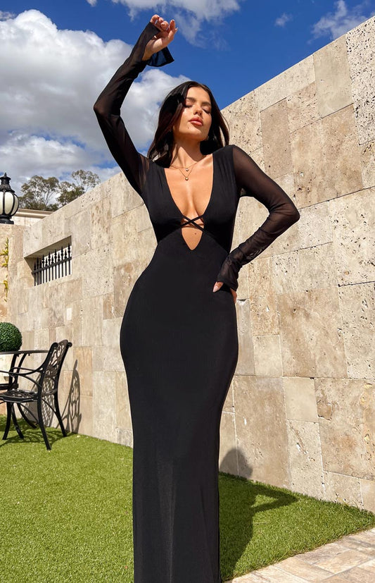Sexy Black Sleeve Backless Sheath Prom Dress