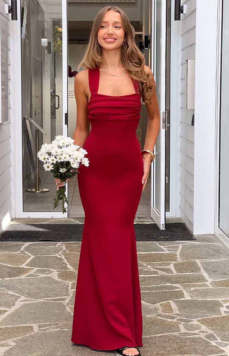 Sexy Crepe Ruched Floor-Length Backless Prom Dress