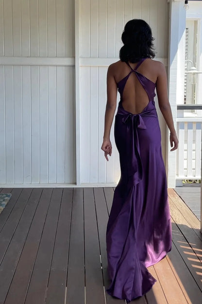 Trendy Sheath Halter Neck Purple Long Party Dress with Open Back Bowknot