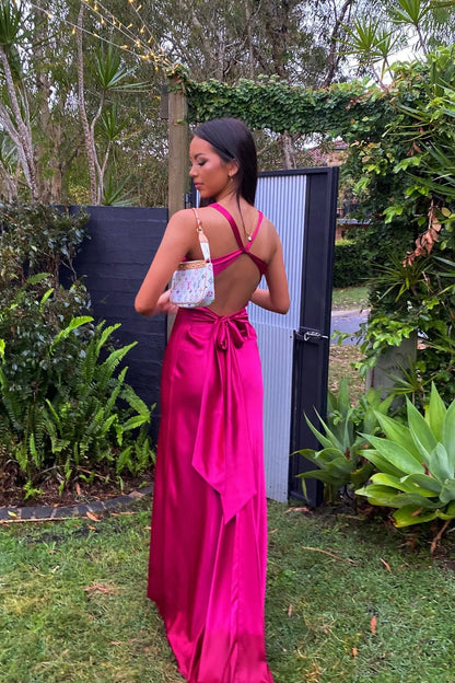 Trendy Sheath Halter Neck Purple Long Party Dress with Open Back Bowknot