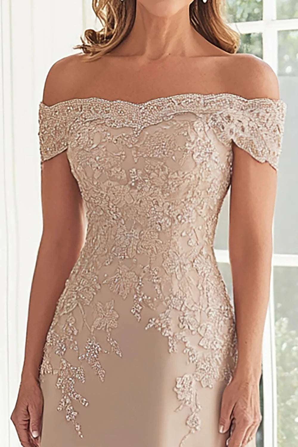 Elegant Taupe Off the Shoulder Lace Appliques Chiffon Sheath Long Mother of the Bride