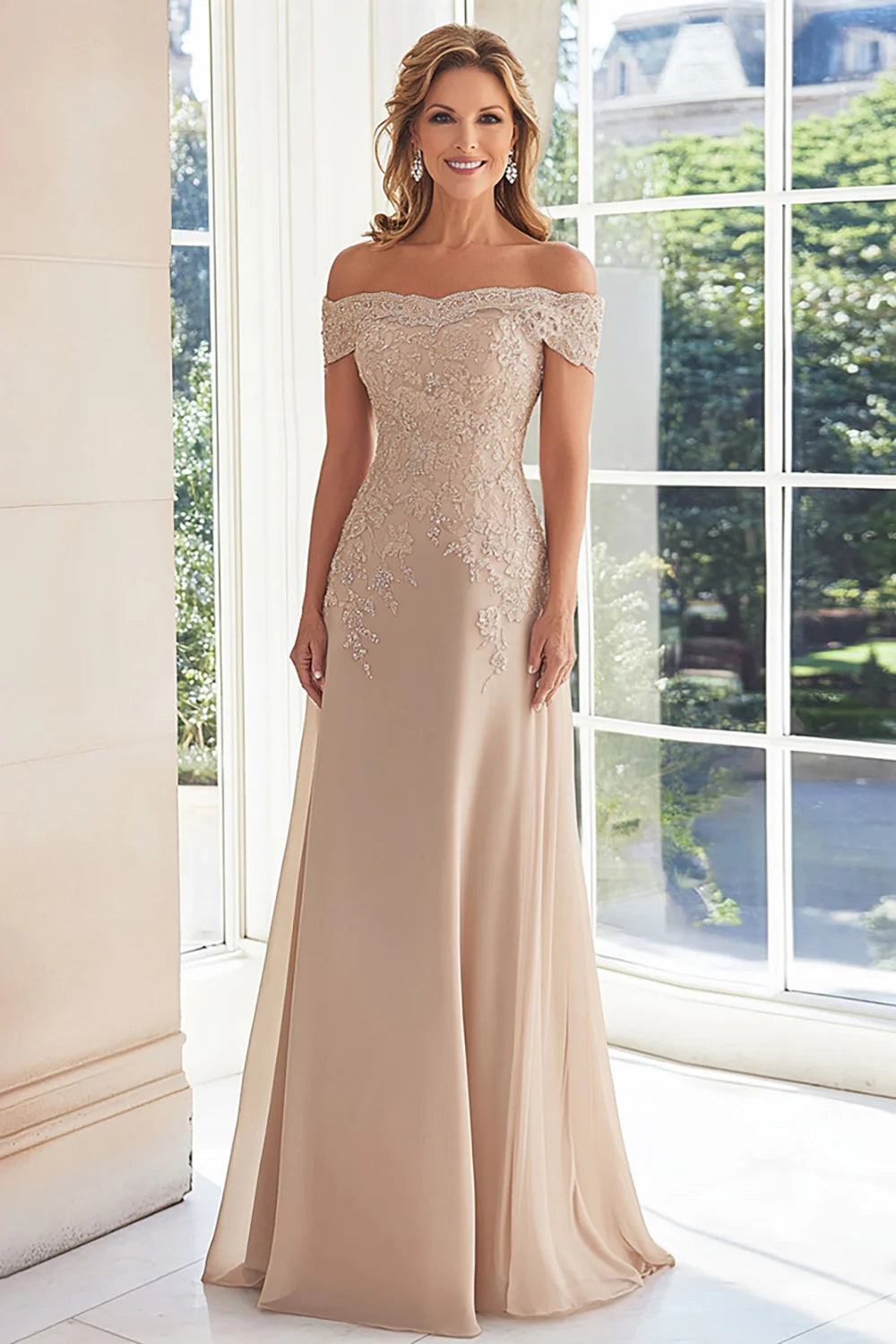 Elegant Taupe Off the Shoulder Lace Appliques Chiffon Sheath Long Mother of the Bride