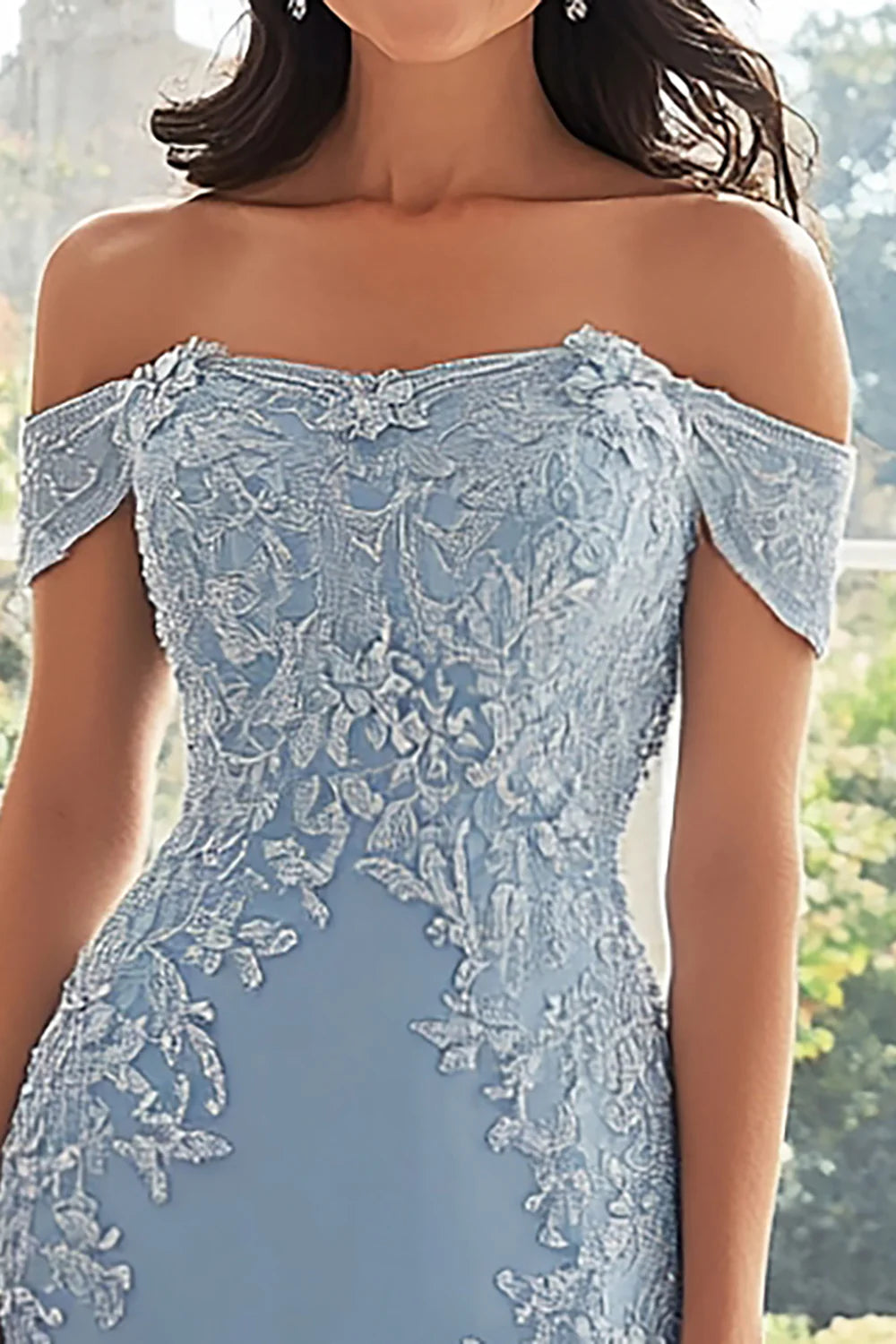 Elegant Sky Blue Off the Shoulder with Lace Appliques Chiffon Sheath Long Mother of the Bride