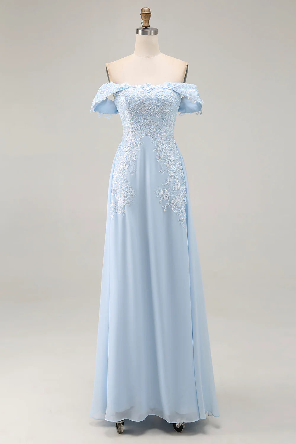 Elegant Sky Blue Off the Shoulder with Lace Appliques Chiffon Sheath Long Mother of the Bride