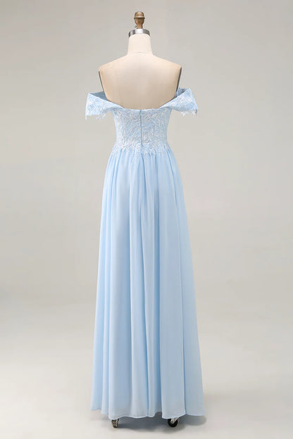 Elegant Sky Blue Off the Shoulder with Lace Appliques Chiffon Sheath Long Mother of the Bride