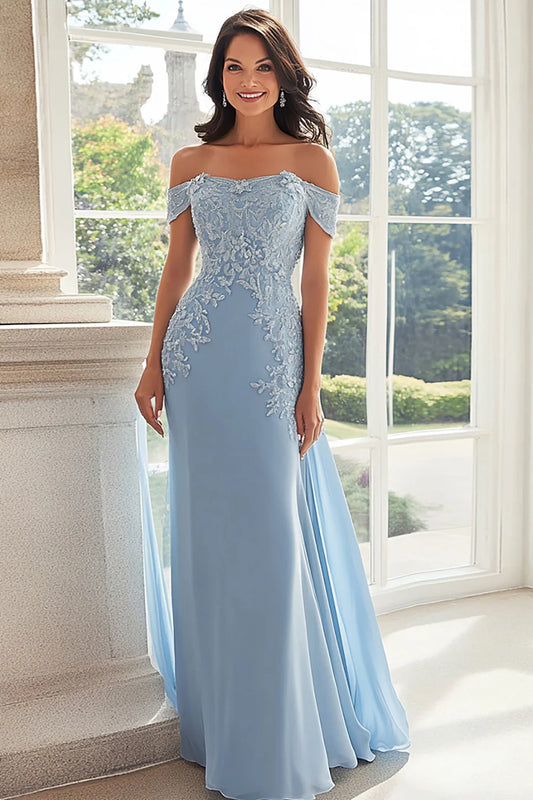 Elegant Sky Blue Off the Shoulder with Lace Appliques Chiffon Sheath Long Mother of the Bride