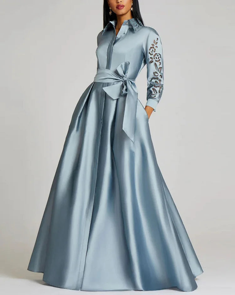 Vintage Taffeta Shirt Dress Gown With Eyelet Sleeve and Collar Mother of the Bride Dress