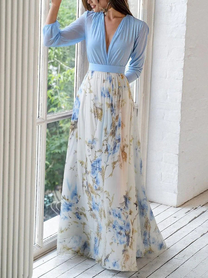 Elegant V Neck Sky Blve Long Sleeve MAXI DRESS